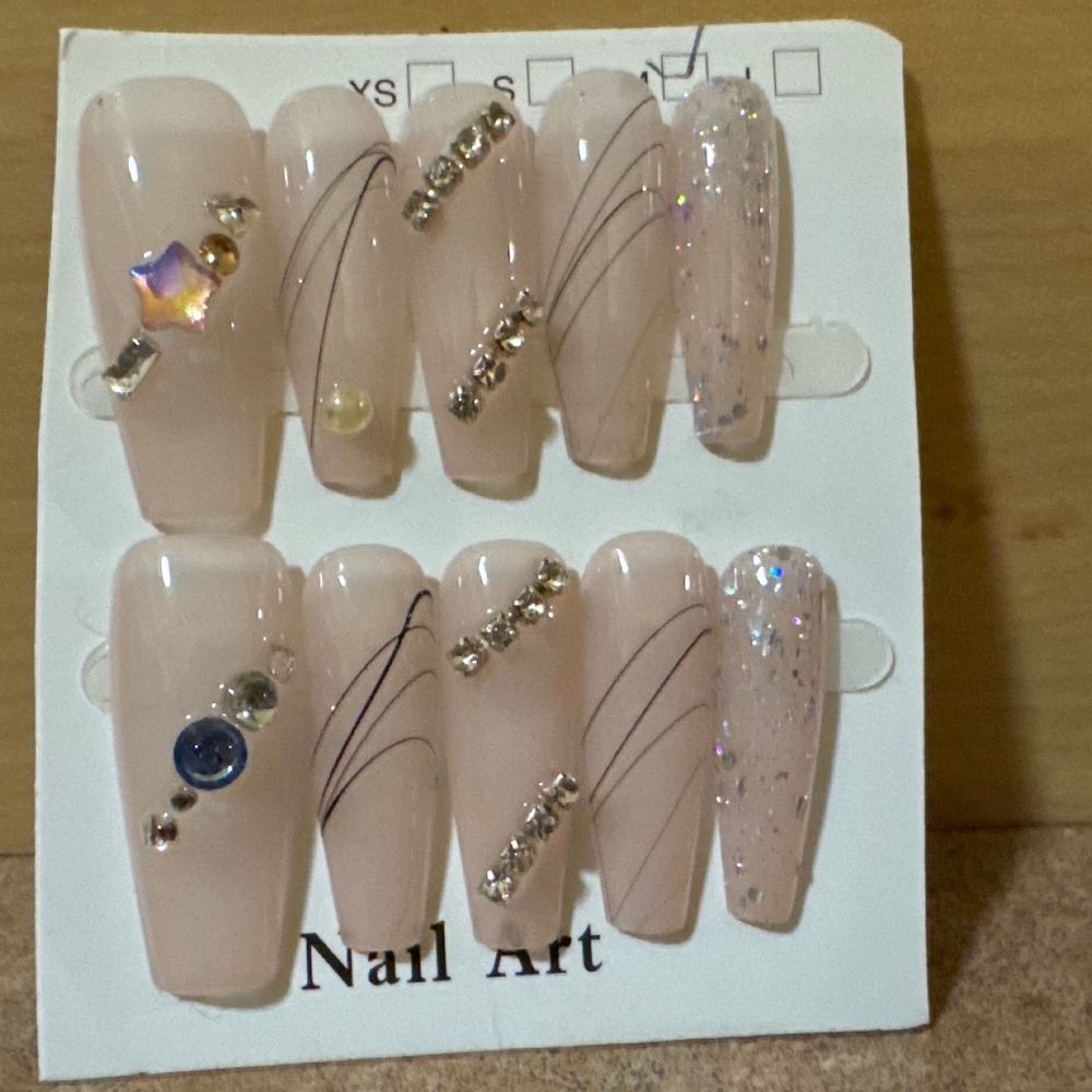 Pink Coffin Press On Nails Rhinestone Star Glitter Line Art Long Fake Nails 10pc